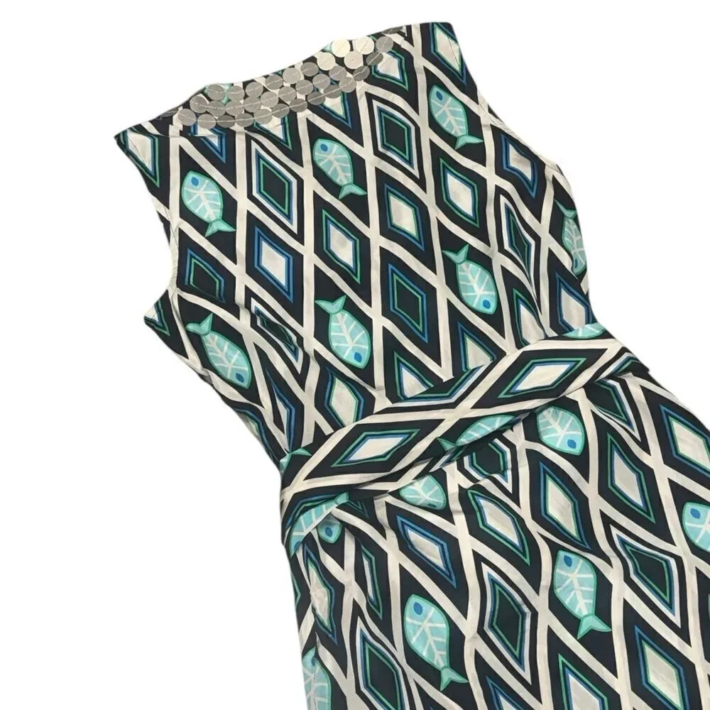 2000s TORY BURCH SILK Fish Print Blue/Turquoise embellished Kaftan Dress size 8
